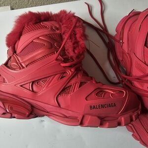 Balenciaga Men's Red Fur-Trimmed Sneakers